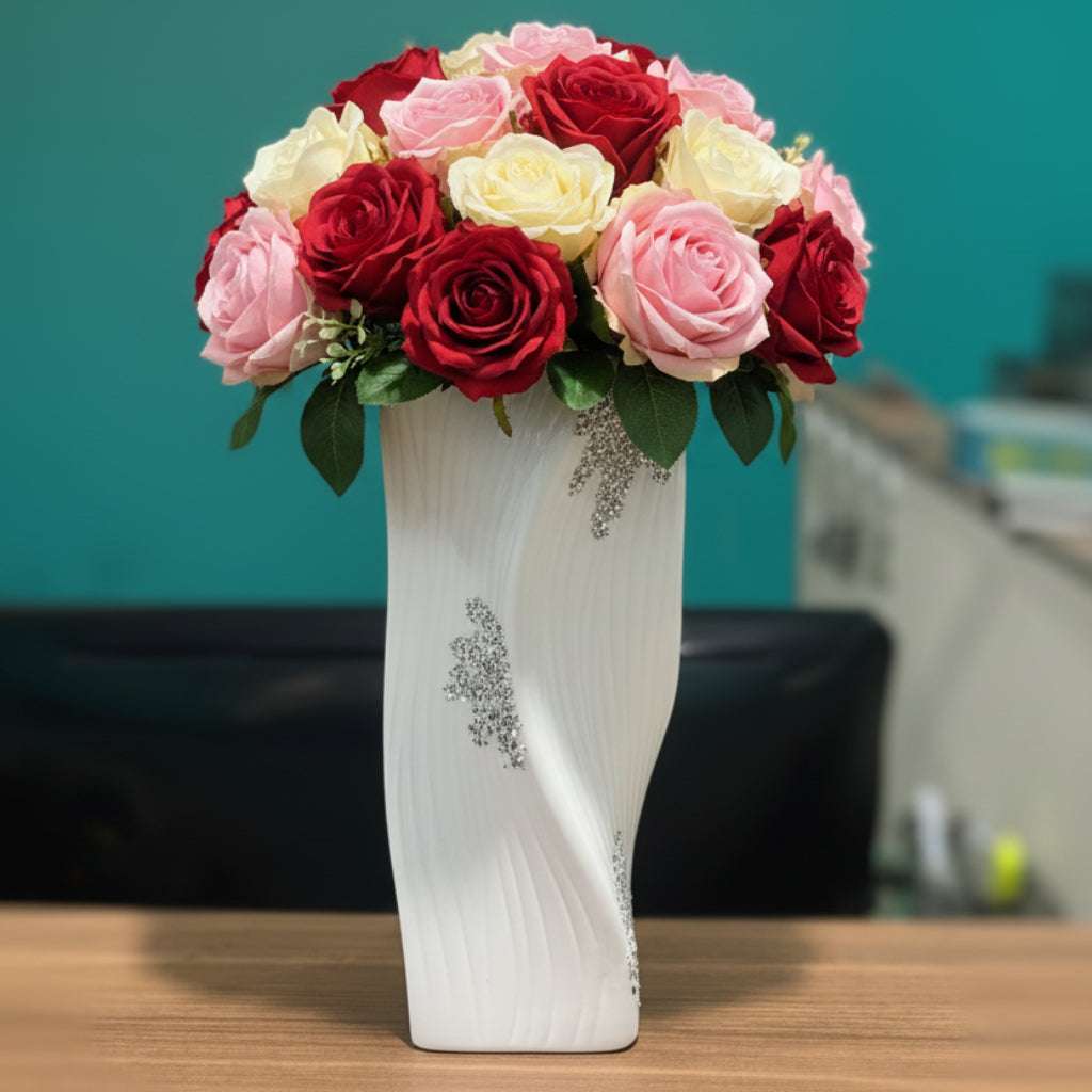 White & Silver Abstract Curved Ceramic Vase – Modern Decorative Home Accent