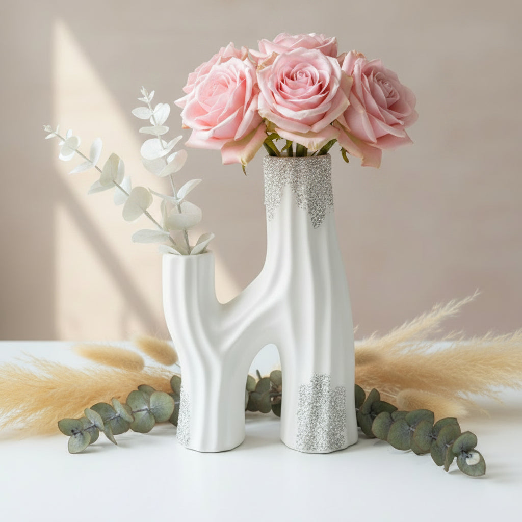 White & Silver Abstract Multi-Spout Ceramic Vase – Modern Decorative Home Accent
