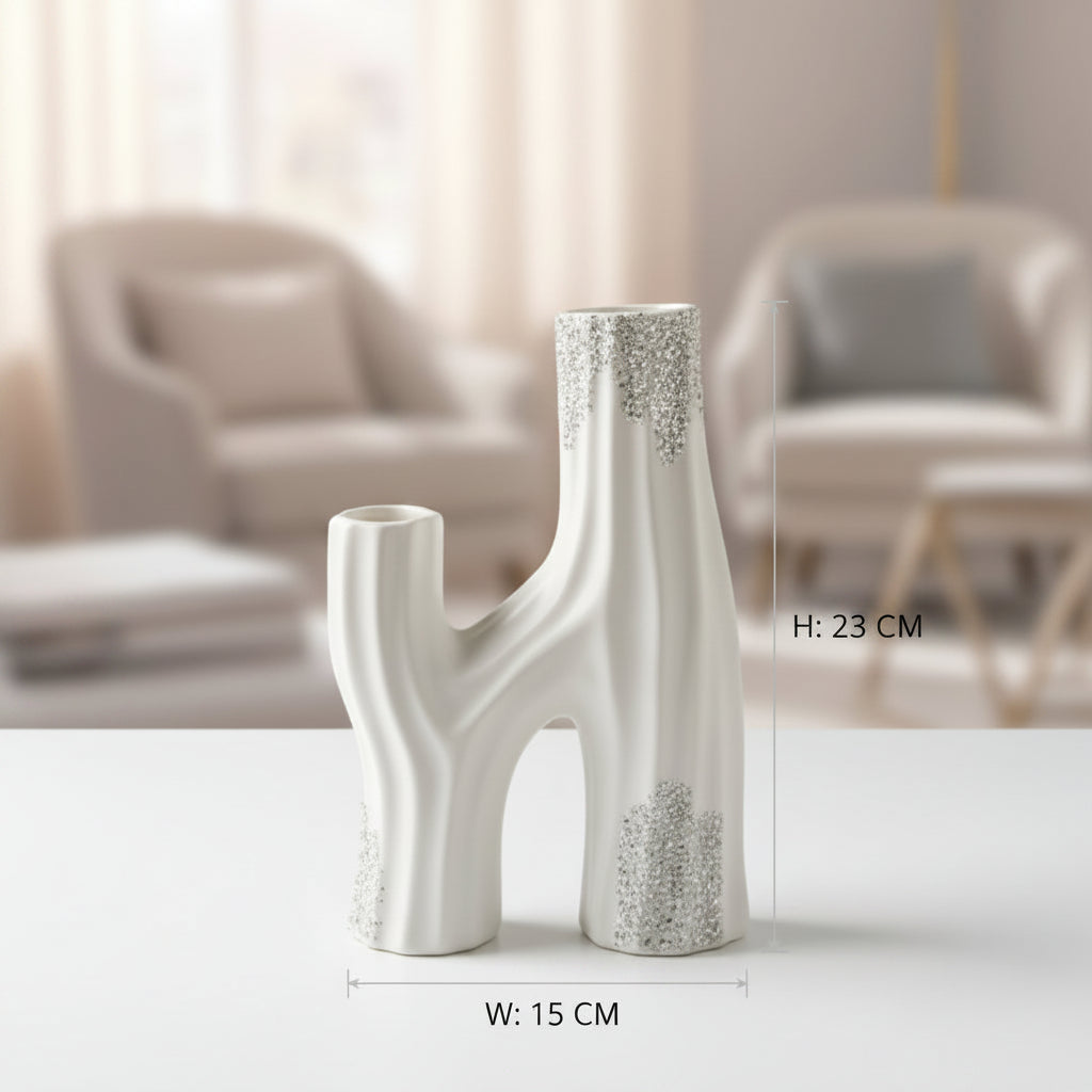 White & Silver Abstract Multi-Spout Ceramic Vase – Modern Decorative Home Accent