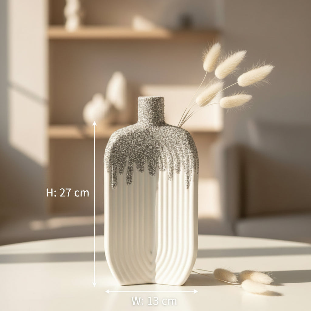 White & Silver Drip-Design Decorative Ceramic Vase – Modern Elegant Home Accent
