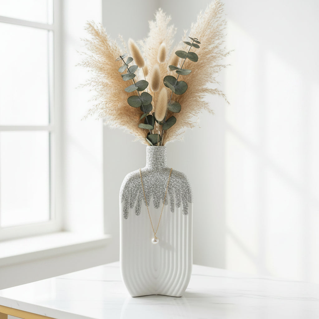 White & Silver Drip-Design Decorative Ceramic Vase – Modern Elegant Home Accent