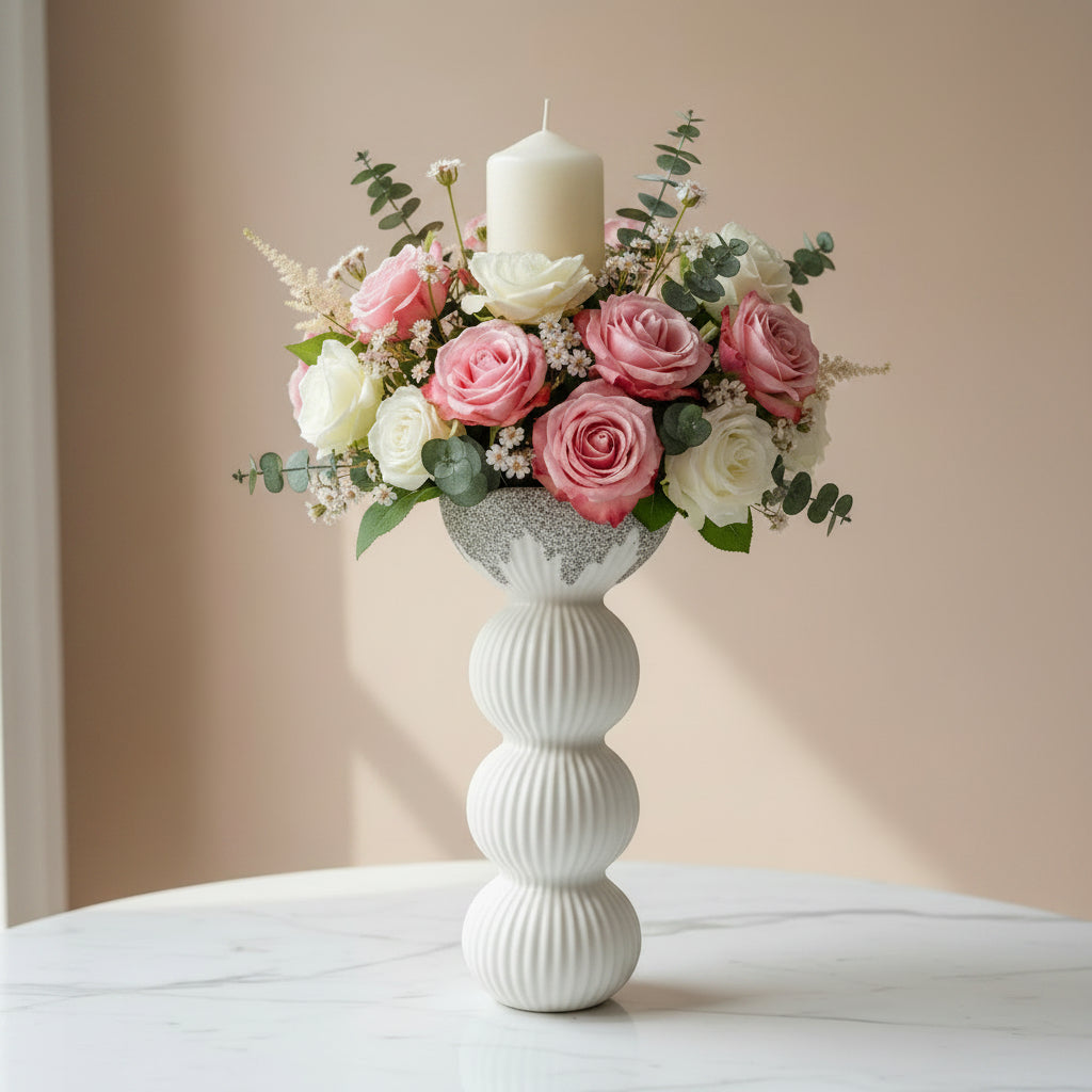White & Silver Stacked Spheres Decorative Ceramic Vase – Modern Sculptural Home Accent