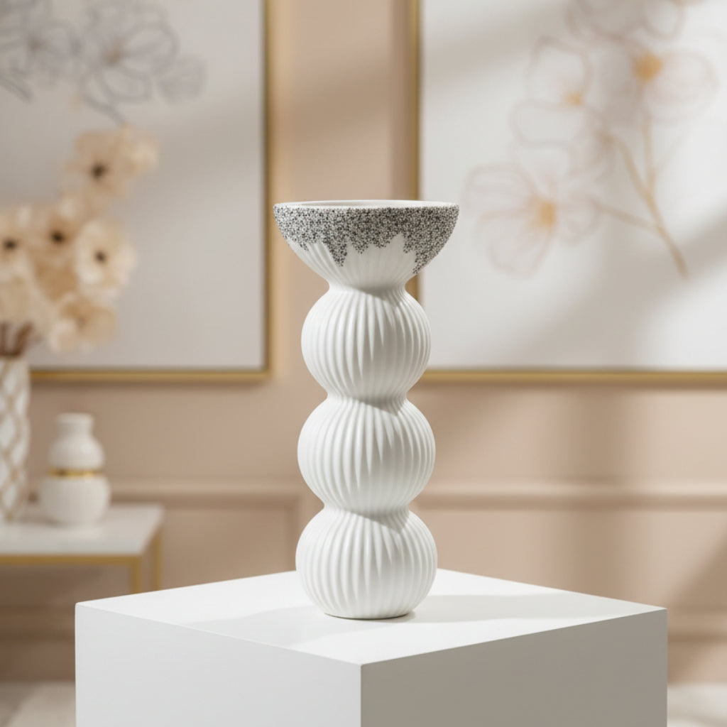 White & Silver Stacked Spheres Decorative Ceramic Vase – Modern Sculptural Home Accent