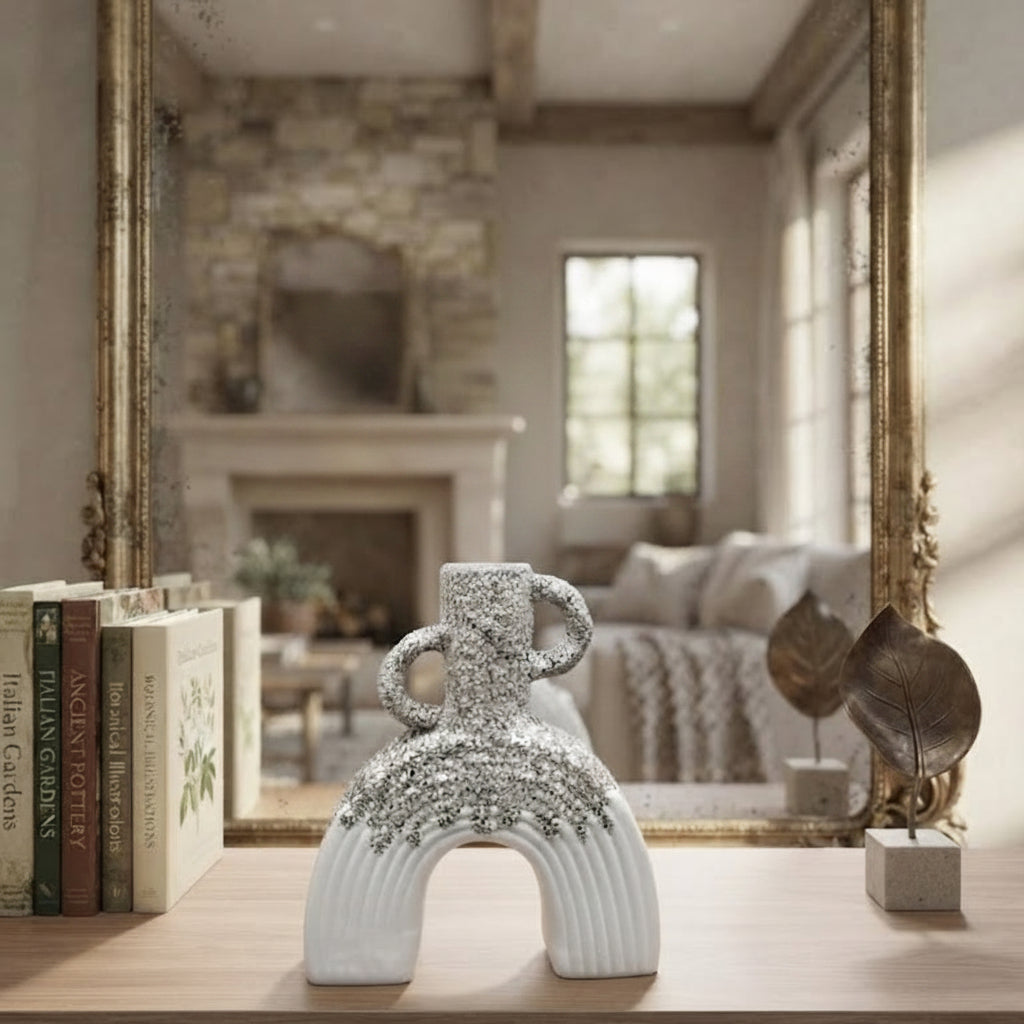 White & Grey Textured Arch Ceramic Vase with Handle Accents – Modern Decorative Home Accent