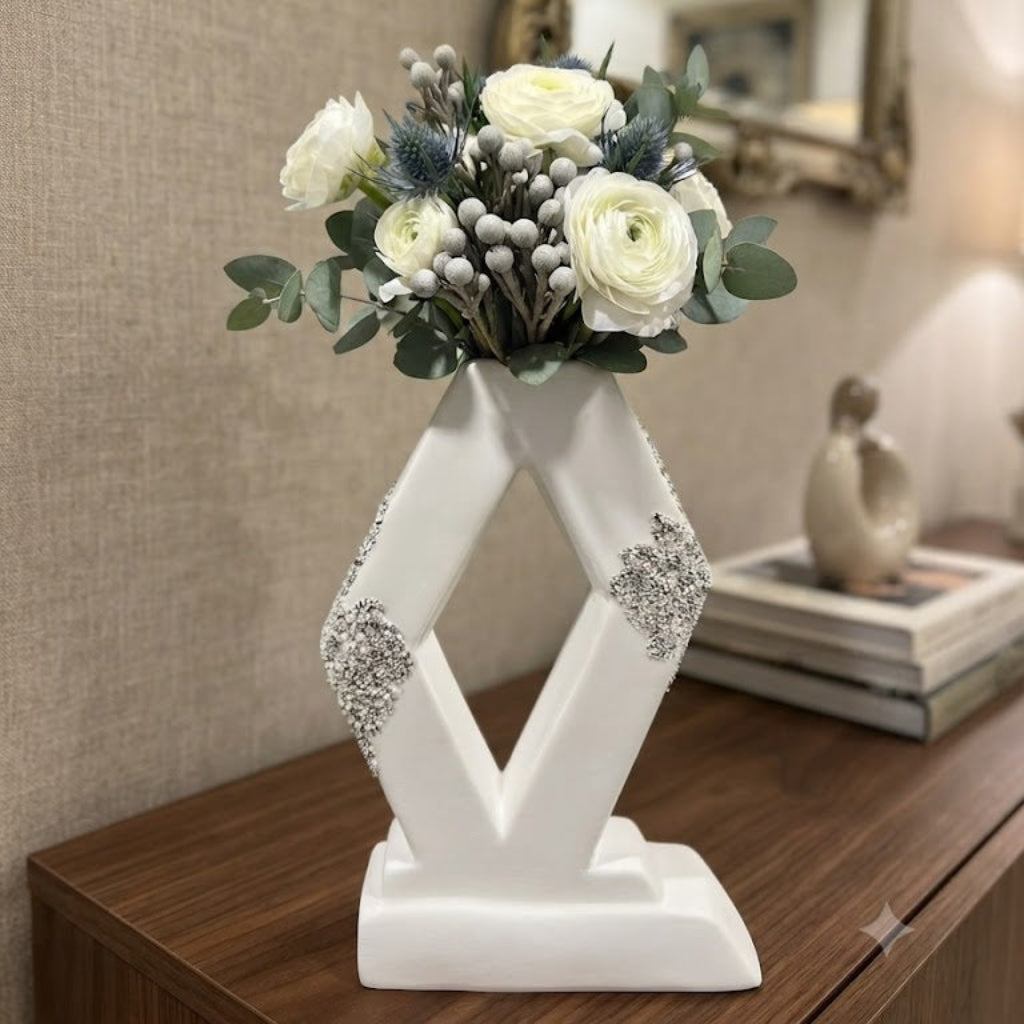 White & Silver Geometric Diamond Ceramic Flower Vase