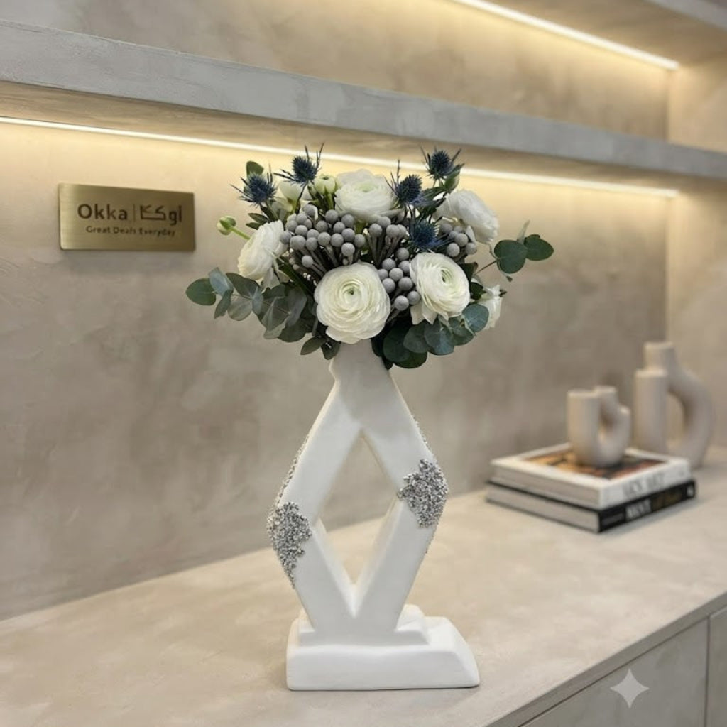 White & Silver Geometric Diamond Ceramic Flower Vase