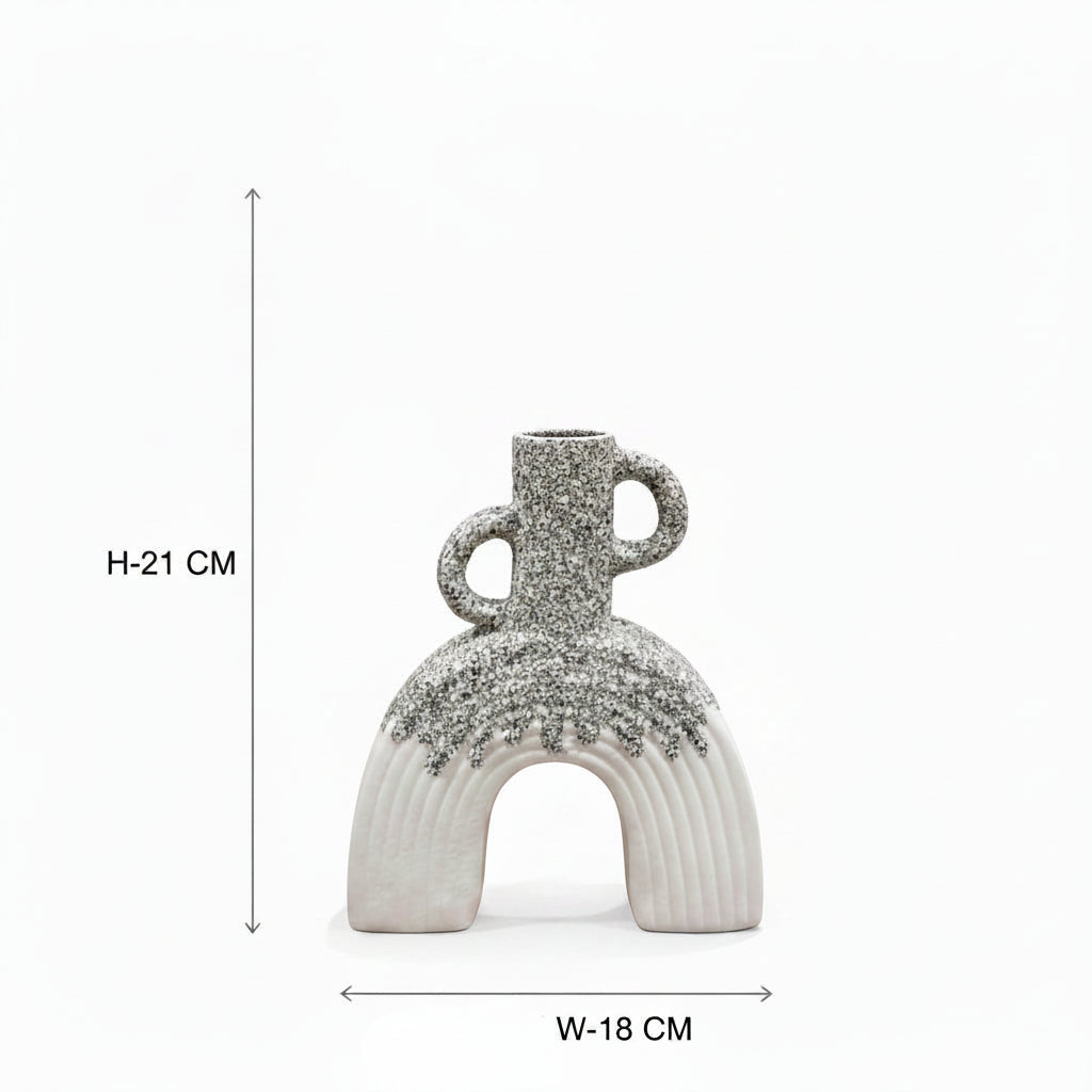 White & Grey Textured Arch Ceramic Vase with Handle Accents – Modern Decorative Home Accent