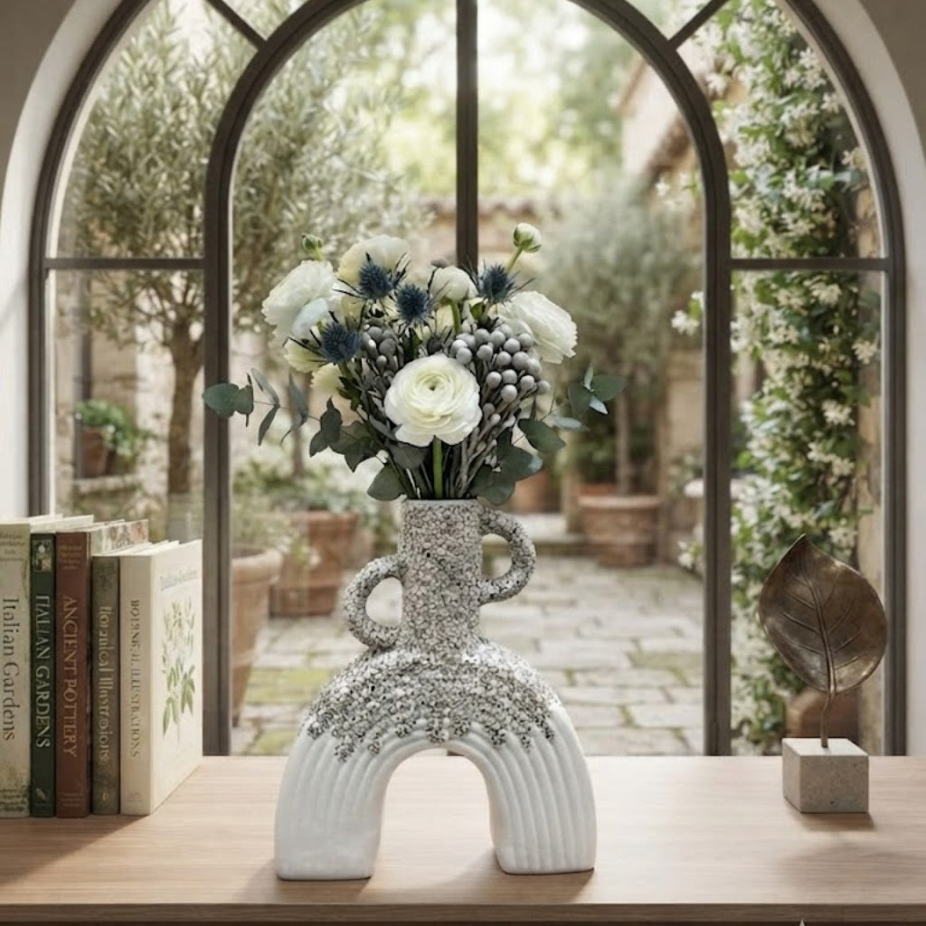 White & Grey Textured Arch Ceramic Vase with Handle Accents – Modern Decorative Home Accent