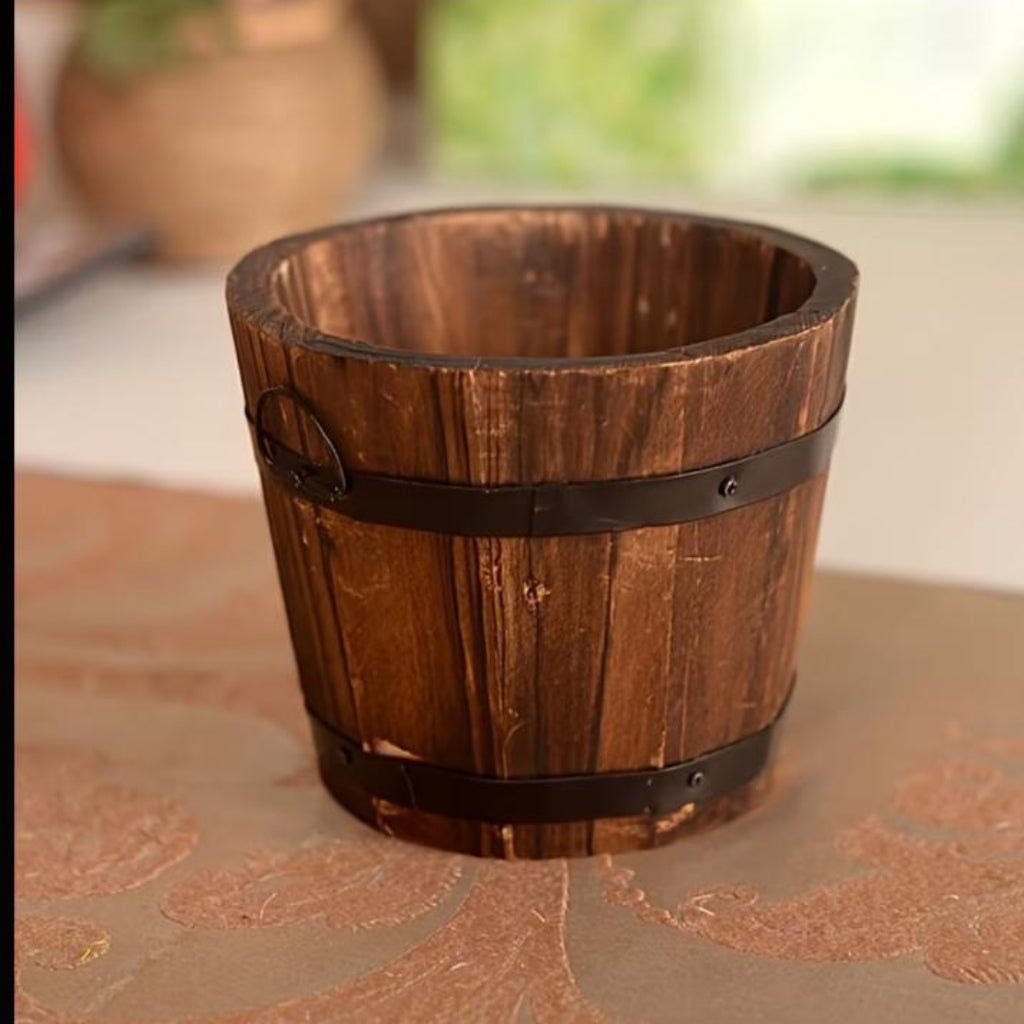 Rustic Wooden Barrel Flower Pot & Decorative Plant Planter