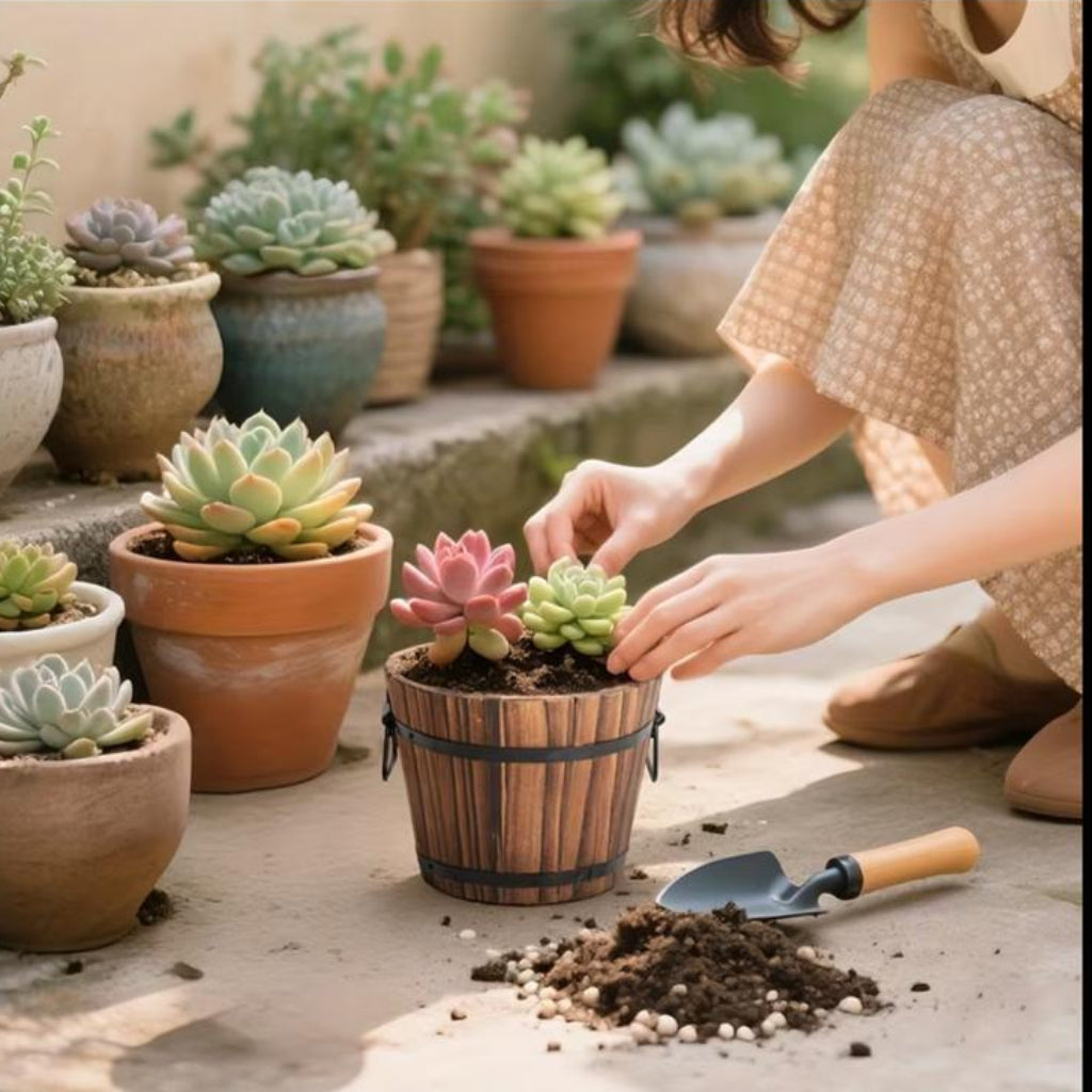 Rustic Wooden Barrel Flower Pot & Decorative Plant Planter