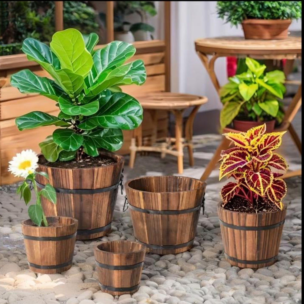 Rustic Wooden Barrel Flower Pot & Decorative Plant Planter
