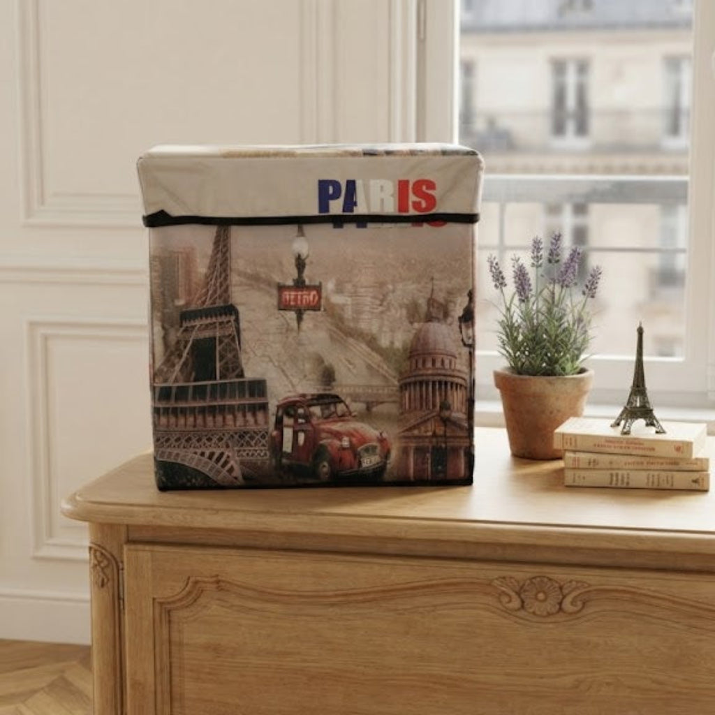 Paris Eiffel Tower Floral Script Foldable Storage Box – Clothes, Holiday Decoration & Gift Wrap Organizer, Under-Bed Storage Bin