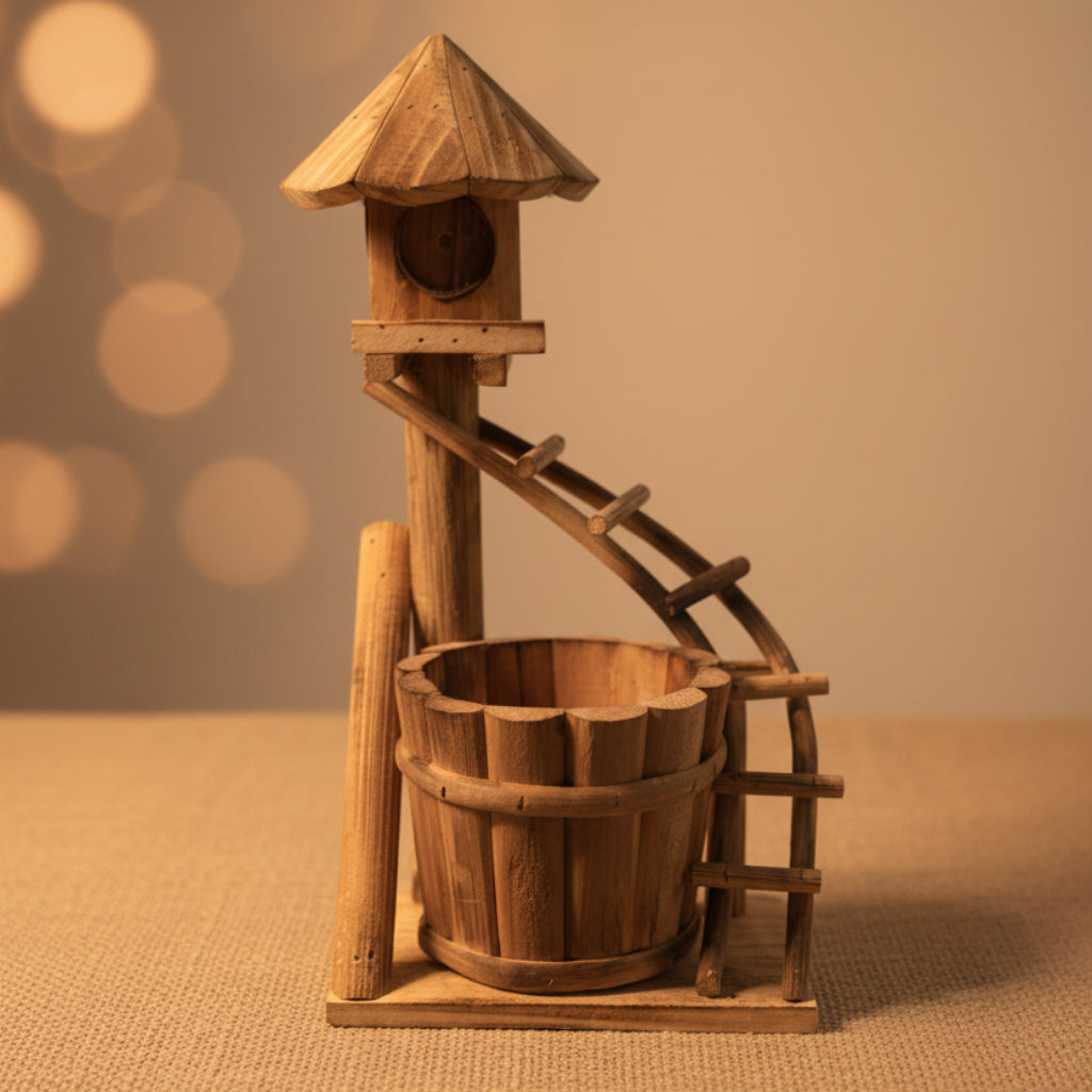 Rustic Wooden Bucket Flower Pot with Decorative Windmill – Mini Wooden Planter for Home & Garden