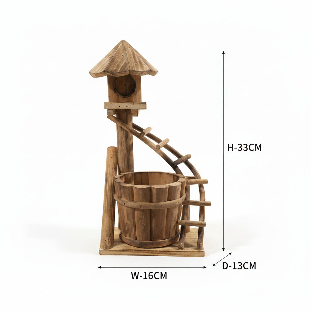 Rustic Wooden Bucket Flower Pot with Decorative Windmill – Mini Wooden Planter for Home & Garden