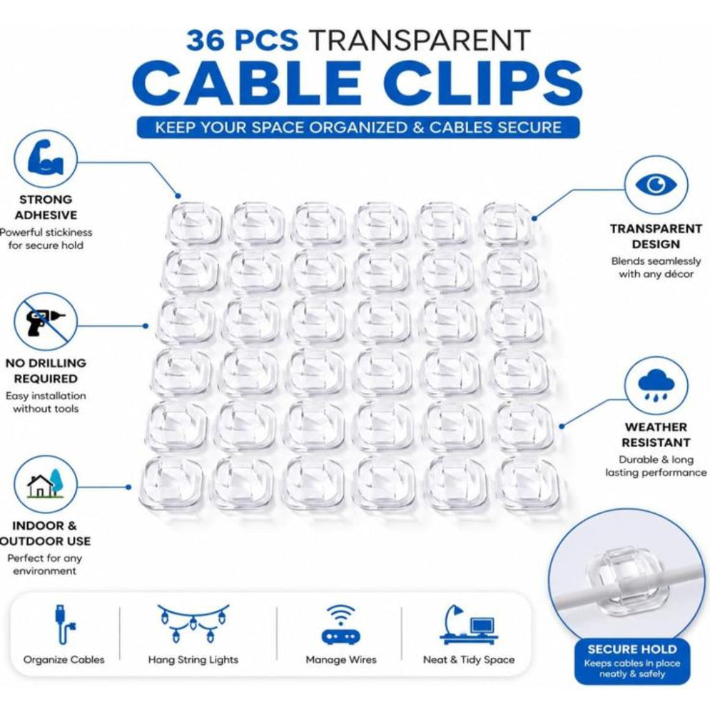 36-Piece Transparent Self-Adhesive Cable Clips – No Drill Wire Organizer for Home