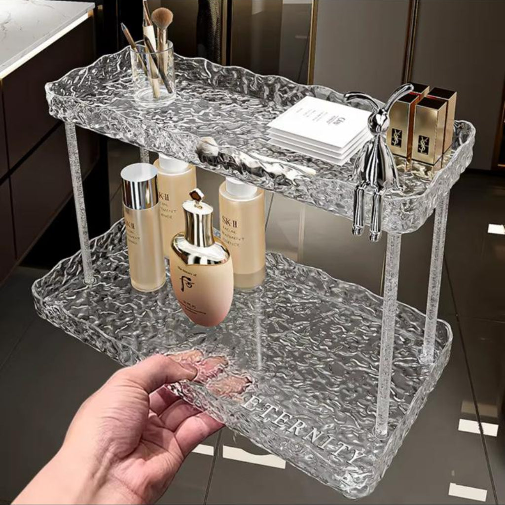 2-Tier Acrylic Cosmetic Organizer with Ripple Design – Minimalist Makeup & Skincare Storage Stand