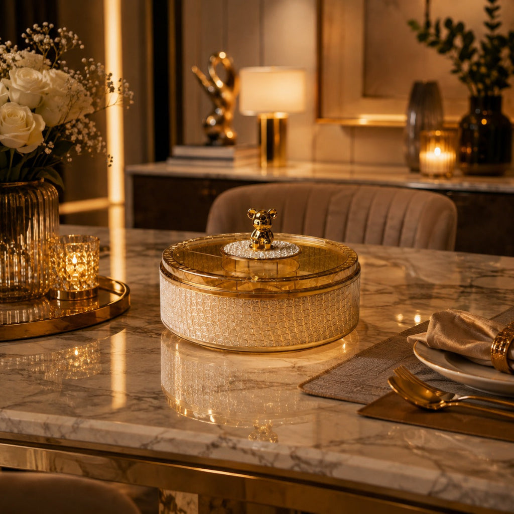 Luxury Crystal Decorative Storage Box – 360° Rotating Round Multi-Purpose Organizer