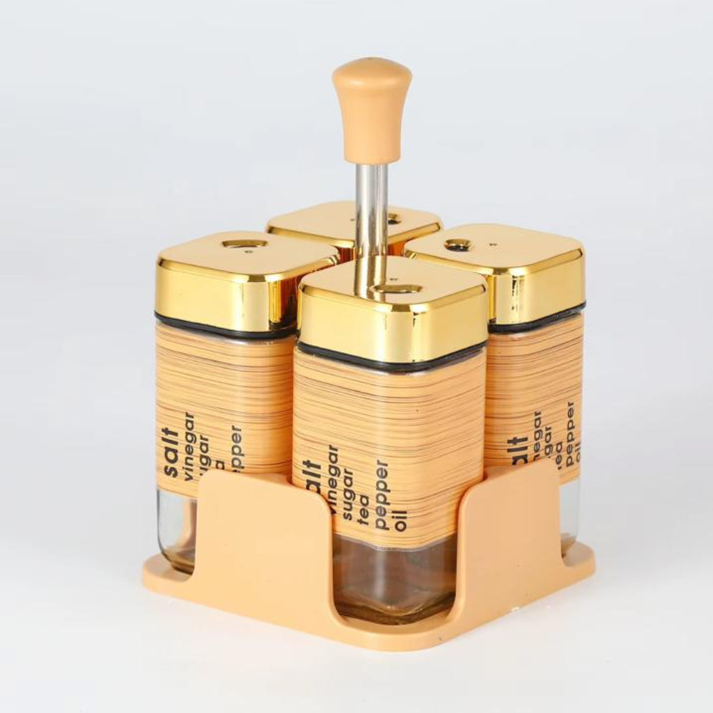 4-Piece Condiment & Spice Jar Set with Rack and Gold Lids