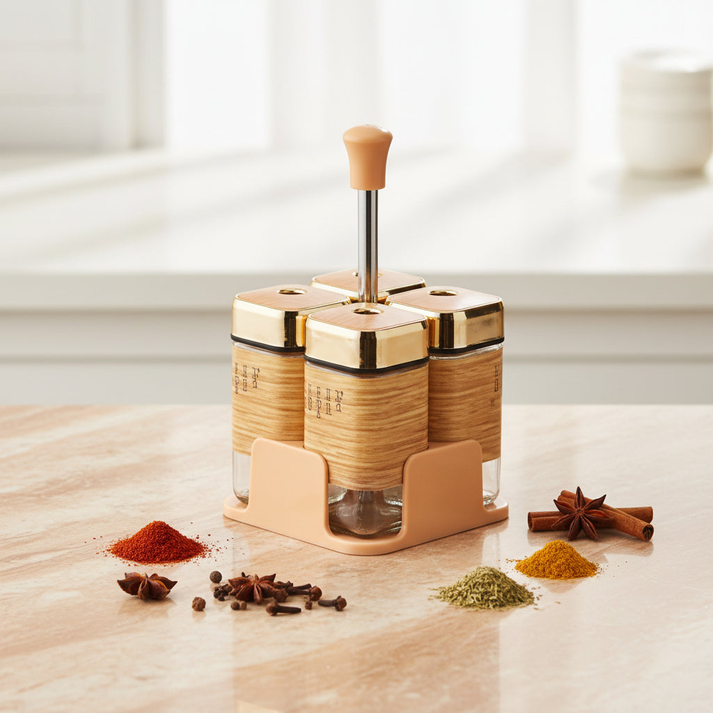 4-Piece Condiment & Spice Jar Set with Rack and Gold Lids