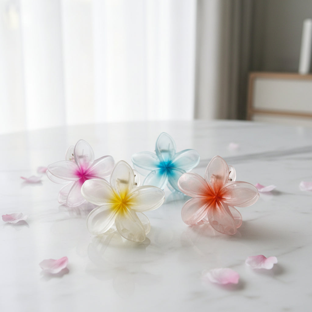Flower-Shaped Translucent Plumeria Hair Claw Clips – 4-Piece