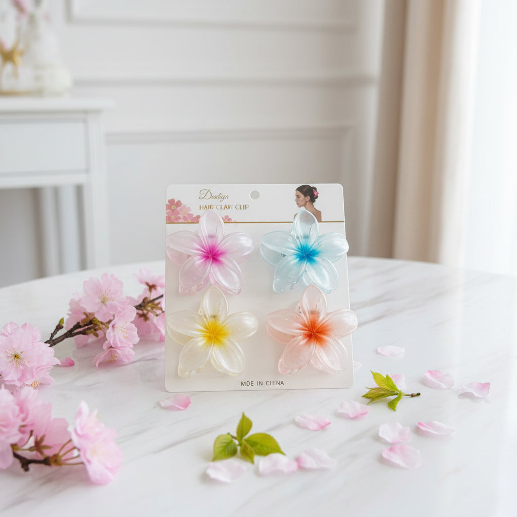 Flower-Shaped Translucent Plumeria Hair Claw Clips – 4-Piece