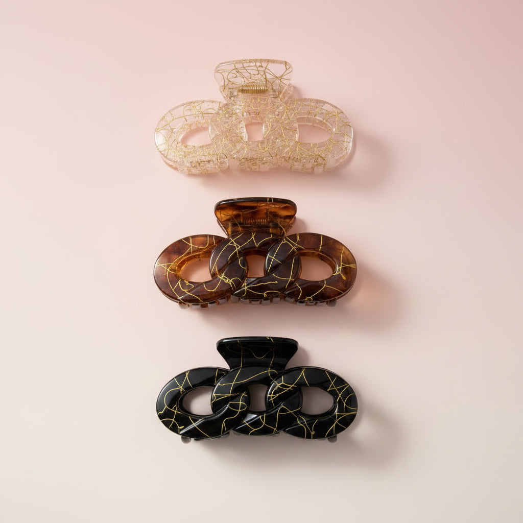 Gold-Vein Hollow Oval Hair Claw Clips Set – 3-Piece