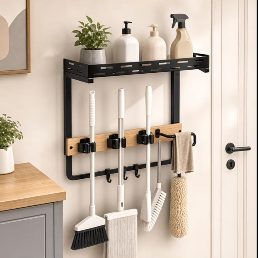 Wall-Mounted Broom & Mop Storage Rack – Wooden & Metal Organizer