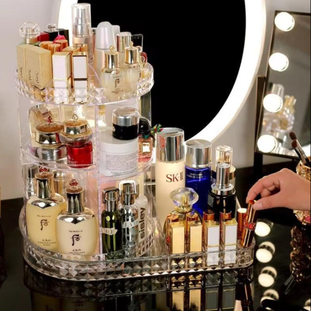 360° Rotating Clear Acrylic Makeup Organizer & Cosmetics Storage Stand