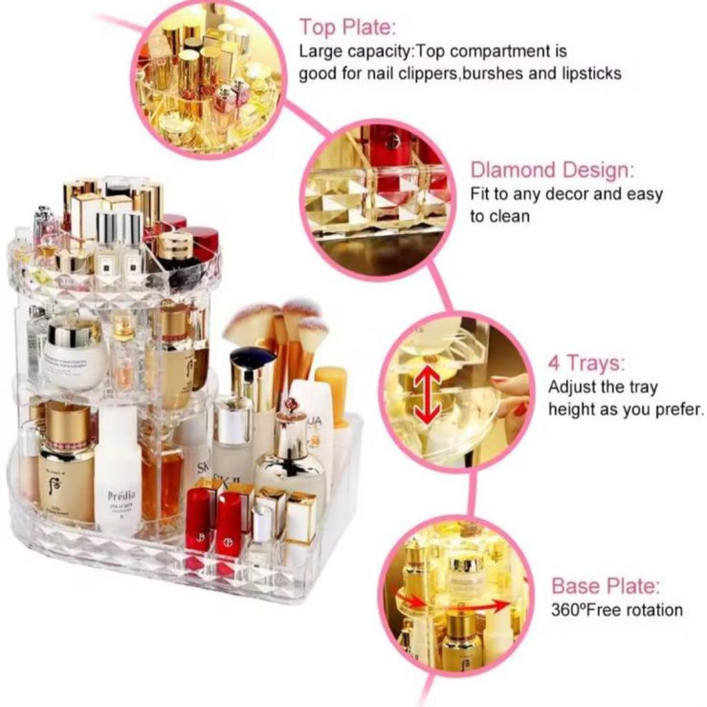 360° Rotating Clear Acrylic Makeup Organizer & Cosmetics Storage Stand