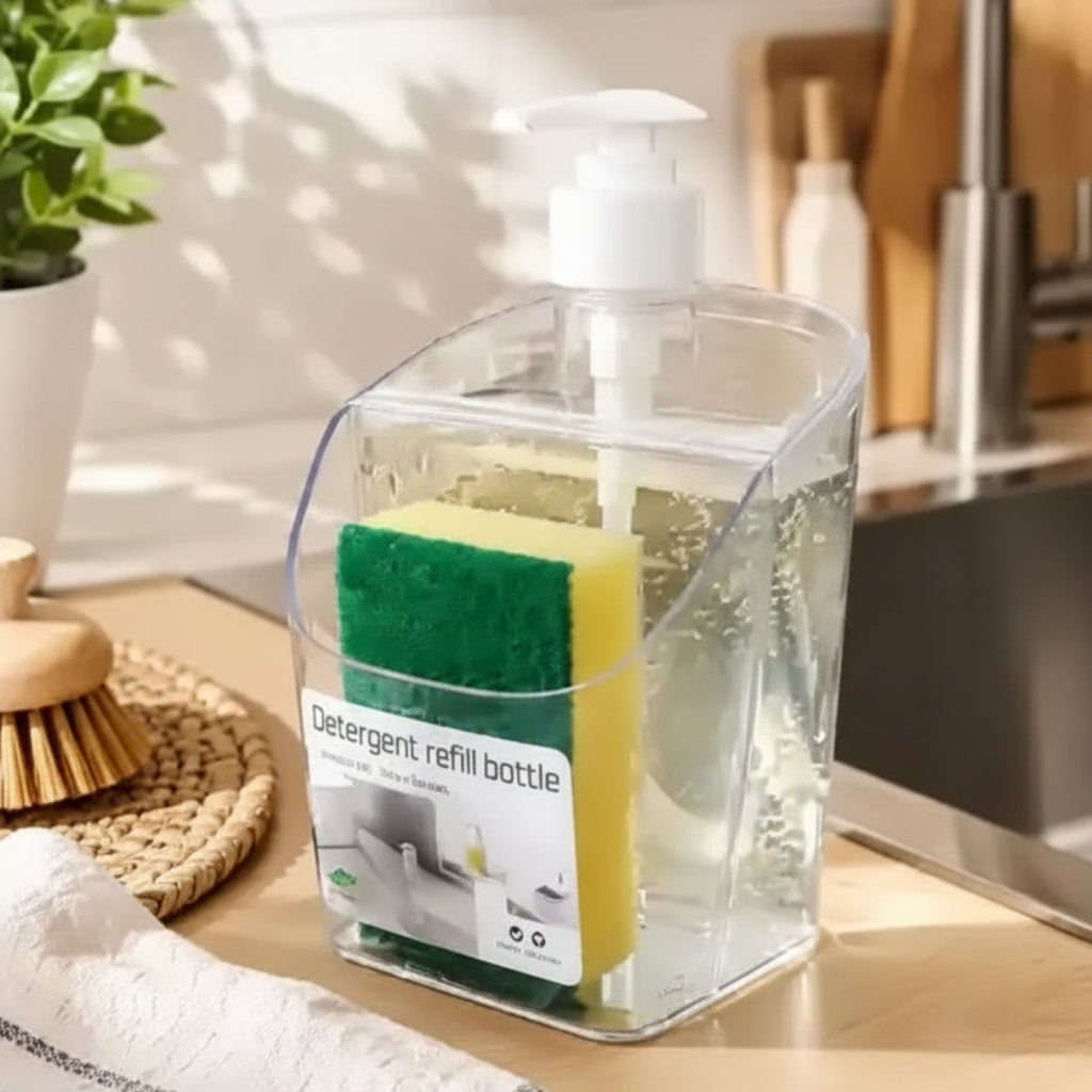 2-in-1 Clear Soap Dispenser with Built-In Sponge Holder for Kitchen Sink