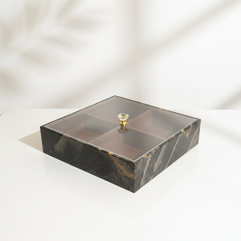 Black Marble-Look 4-Grid Snack & Dry Fruit Box – Clear Plastic Lid & Crystal Knob
