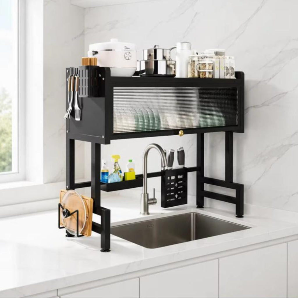 2-Tier Metal Kitchen Sink Dish Drying Rack with Cabinet Door – Multifunctional Countertop Organizer