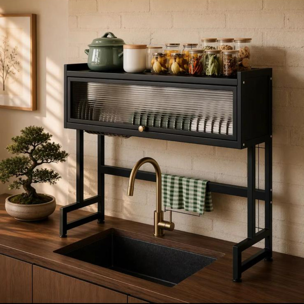 2-Tier Metal Kitchen Sink Dish Drying Rack with Cabinet Door – Multifunctional Countertop Organizer