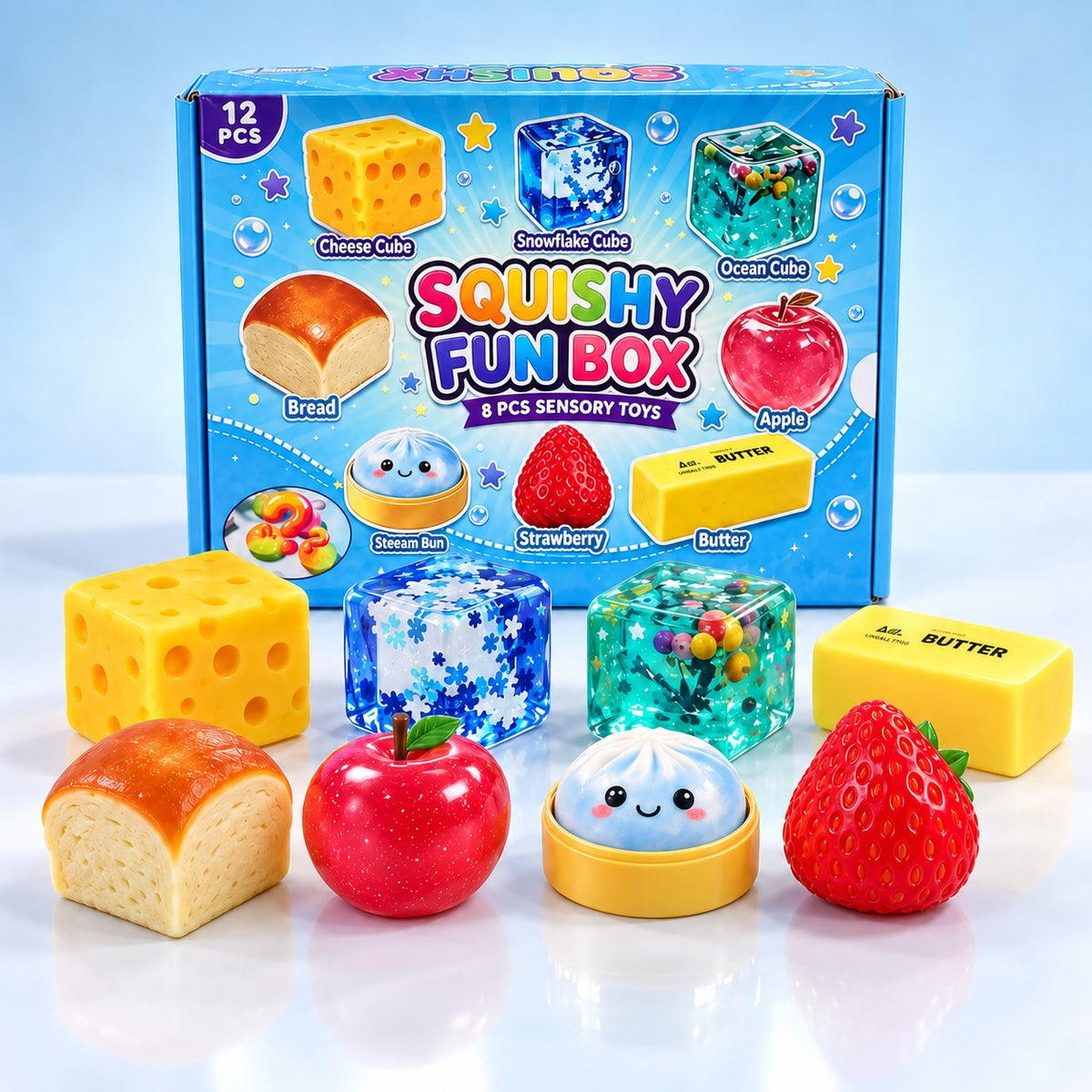 12 PCS Squishy Sensory Toy Set – Cute Food-Shaped Stress Relief Toys