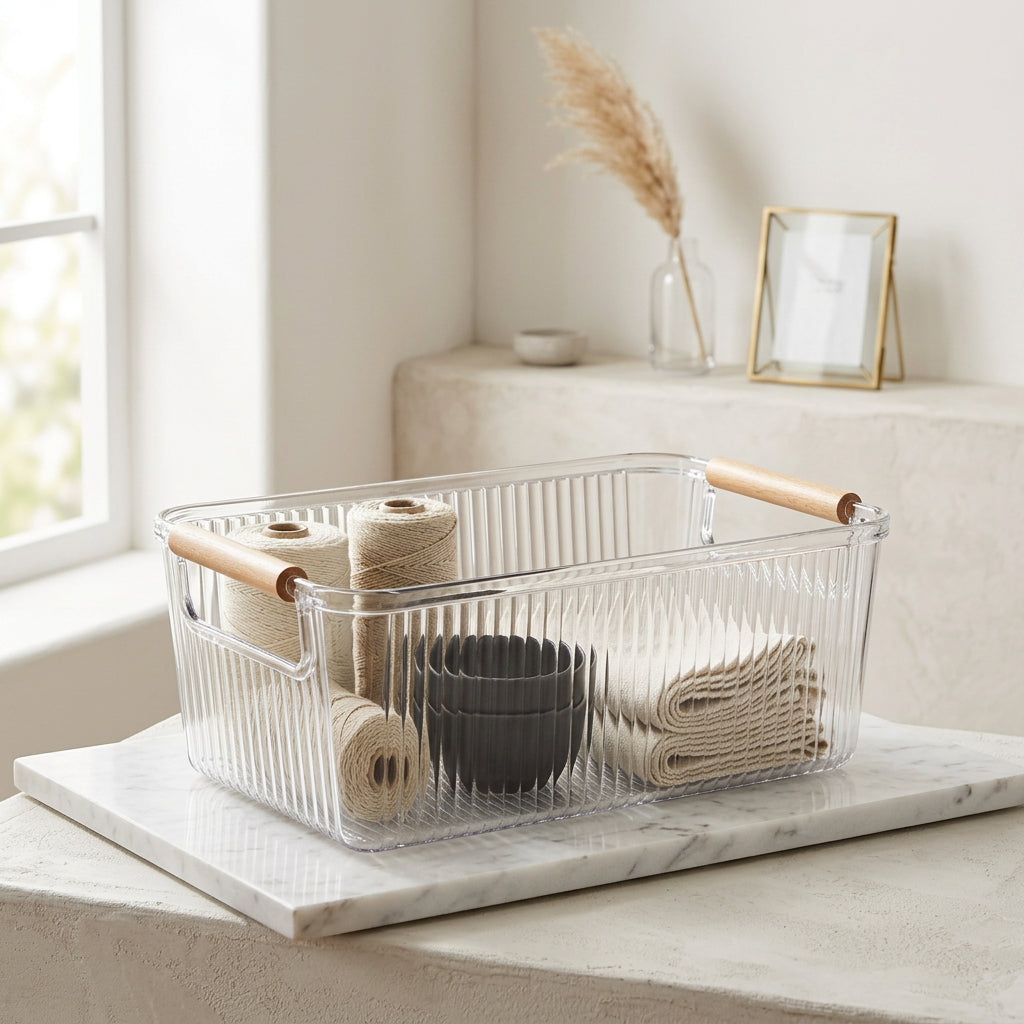 Clear Fluted Storage Organizer Bin with Wooden Handles