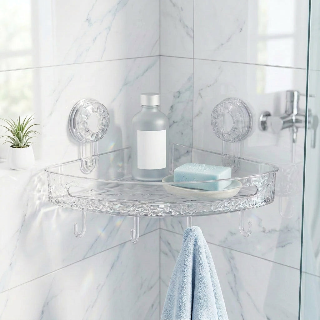Triangular Corner Shower Shelf with Suction Cups & Hooks – Glacier Pattern Bathroom Storage Organizer