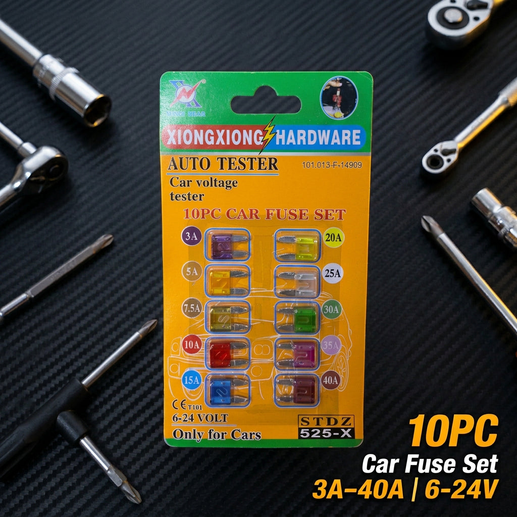 10-Piece Car Fuse Set with Auto Voltage Tester (6–24V)
