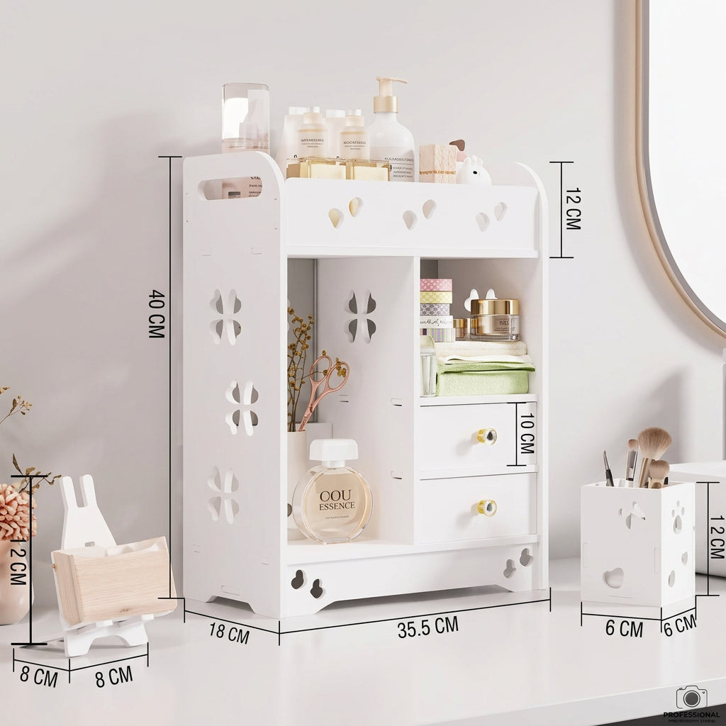 Multi-Functional White Makeup Storage Organizer with Drawers & Brush Holder