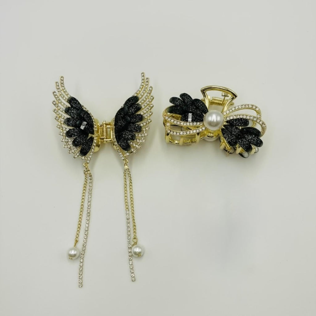 Elegant Black & Gold Pearl Hair Claw Clip – Stylish Rhinestone Butterfly Design for Women