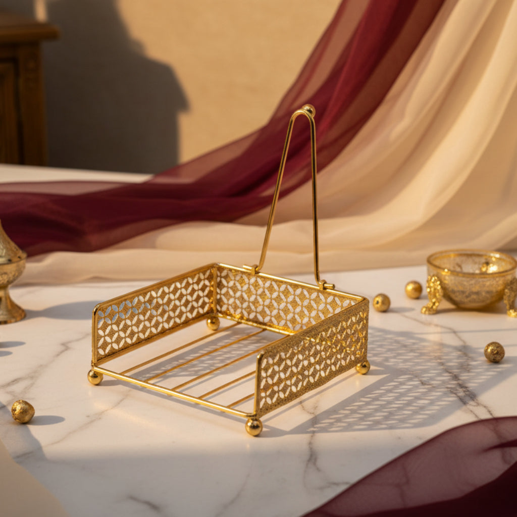 Golden Square Napkin Holder – Decorative Tissue & Napkin Rack for Home and Café