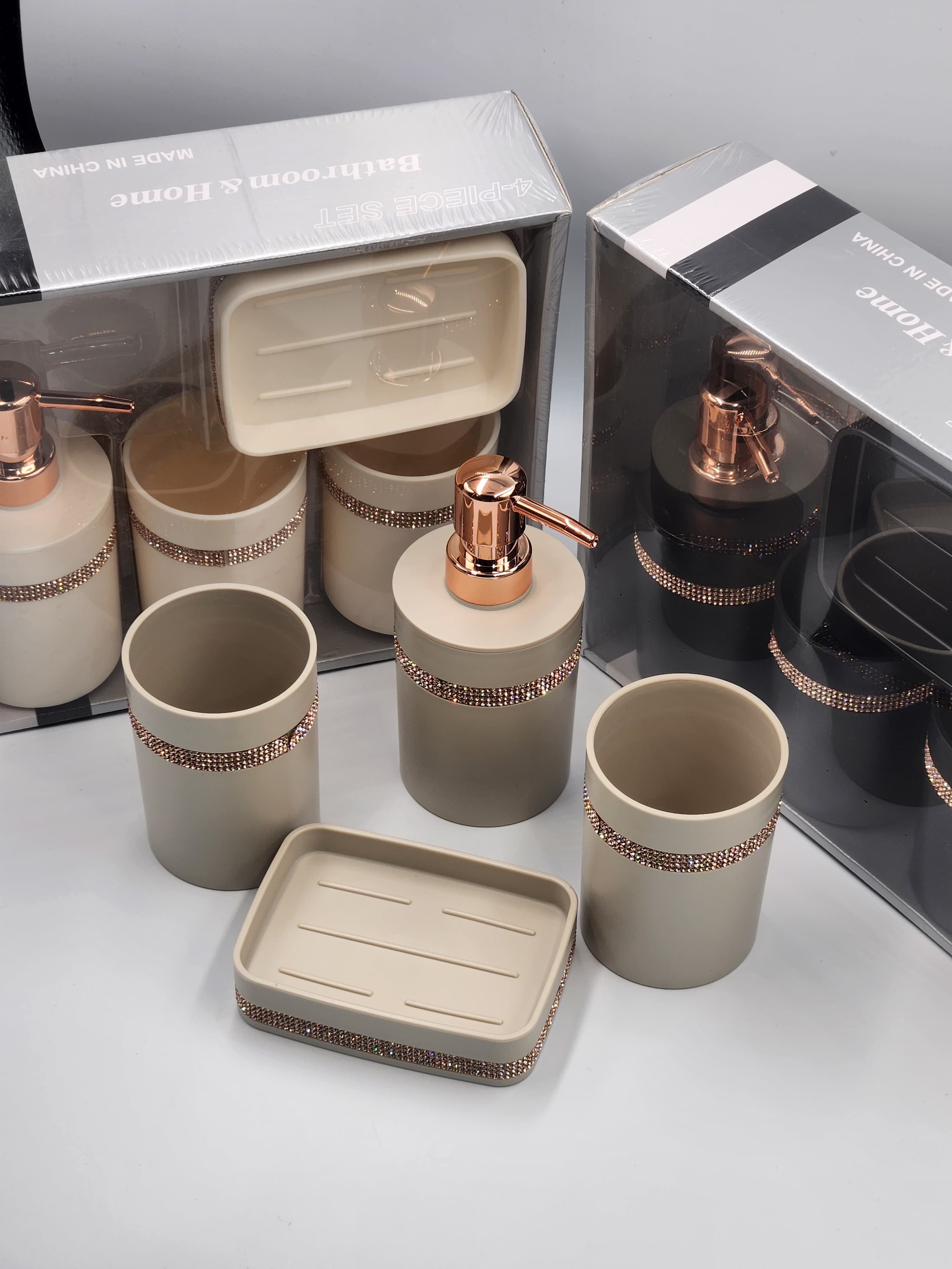 4-Piece Decorative Bathroom Accessory Set – Elegant Black, Beige & Cream Design