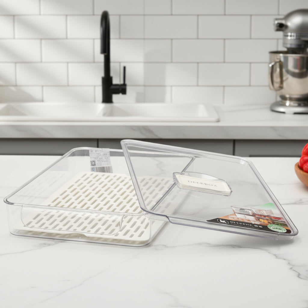 Acrylic Food Storage Box – Transparent Kitchen Organizer with Sealed Lid & Drainage Plate