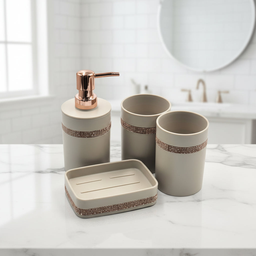 4-Piece Decorative Bathroom Accessory Set โ Elegant Black, Beige & Cream Design