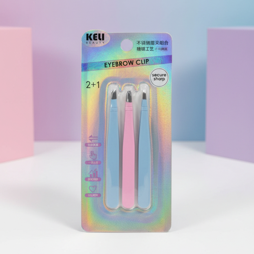 KELI Beauty 3-Piece Precision Eyebrow Tweezer Set – Professional Slanted & Pointed Hair Removal Clips for Facial Grooming