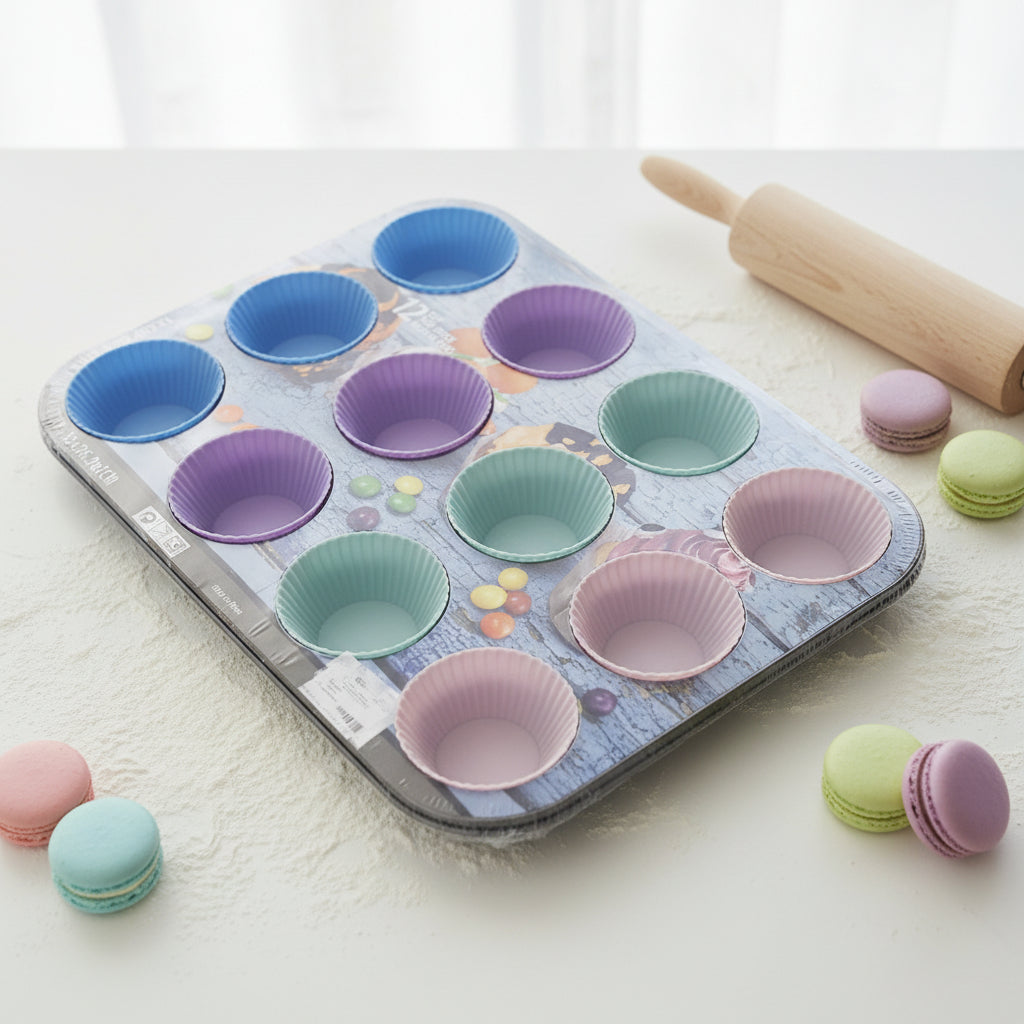 12-Cup Non-Stick Muffin Pan Set with Colorful Silicone Baking Liners
