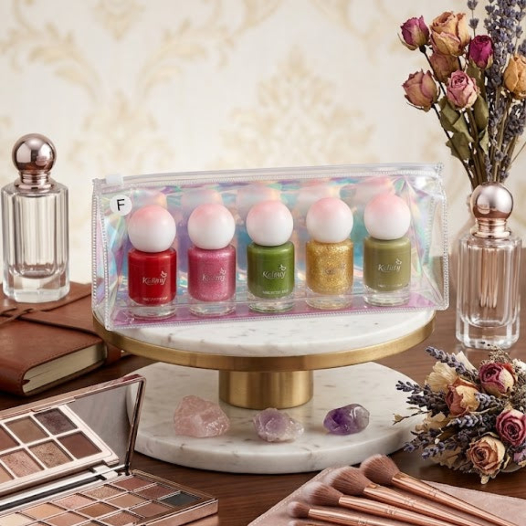 Keliny Premium 5-Piece Liquid Nail Polish Set – Multi-Color Shimmer & Matte Collection with Unique Ball-Shaped Ombre Caps and Iridescent Travel Pouch