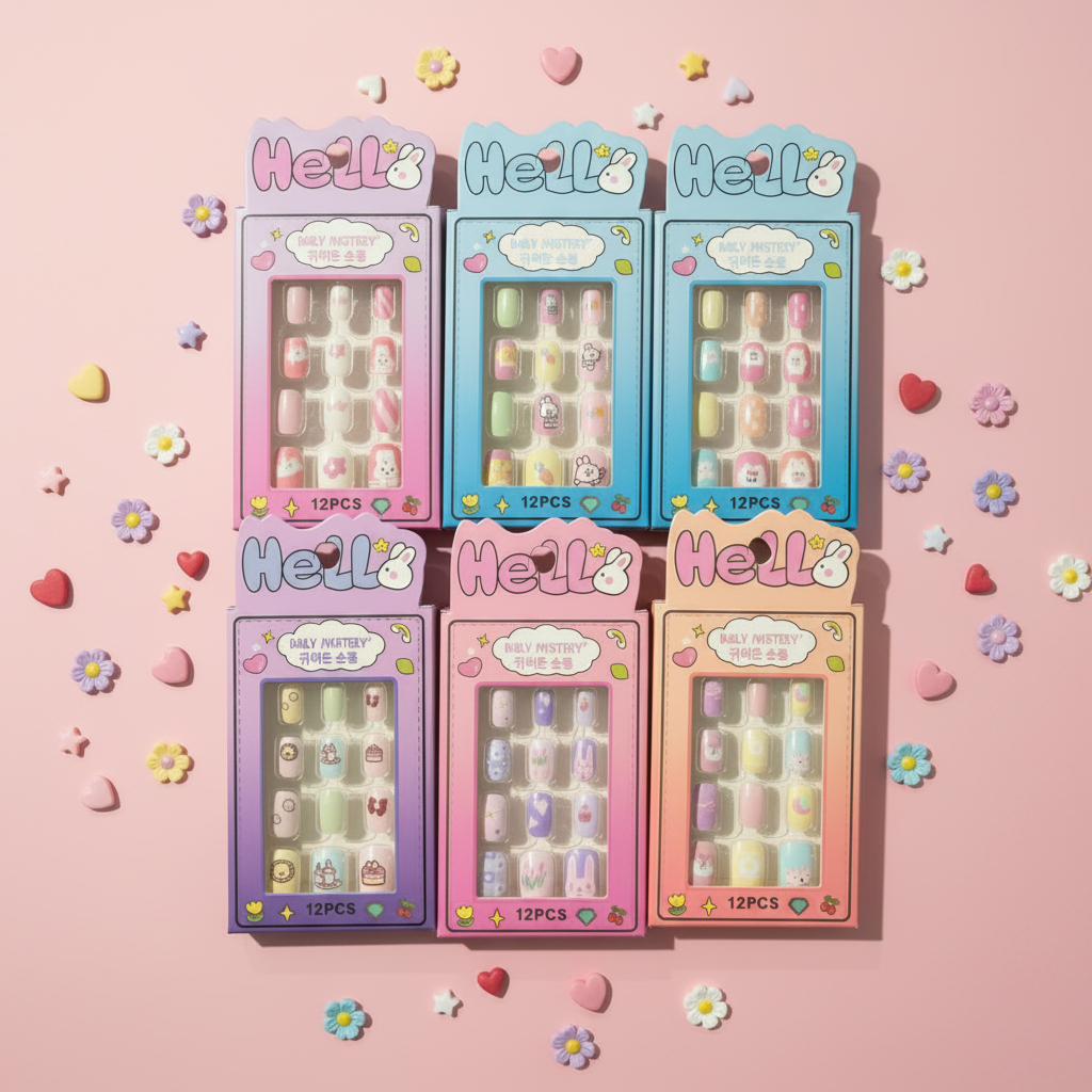 Hello Bunny Premium 12pc Kids Press-On Nail Kit – Cute Cartoon Animal & Dessert Theme Fake Nails Set for Children