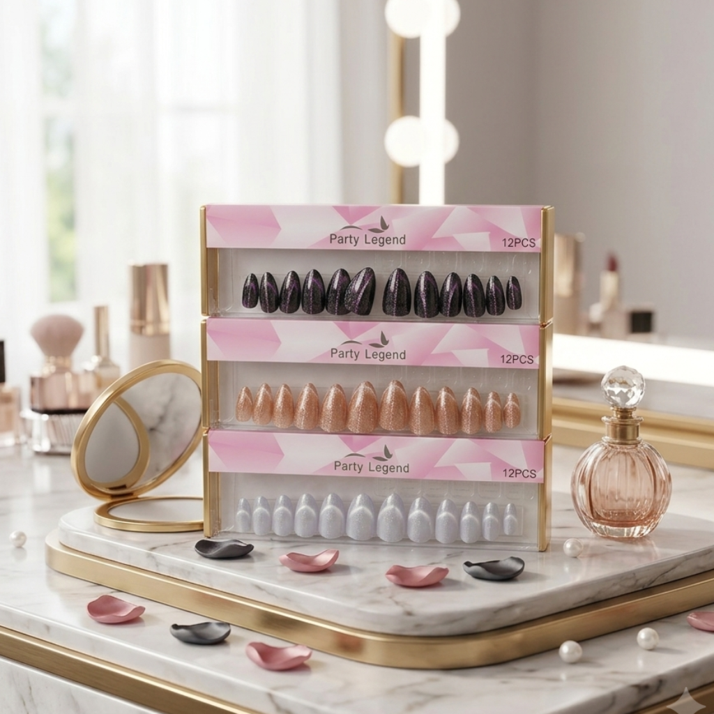 Party Legend 12-Piece Premium Press-On Nail Set – Luxury Cat-Eye Magnetic Shimmer Finish, Salon-Quality Almond Shaped False Nails Kit