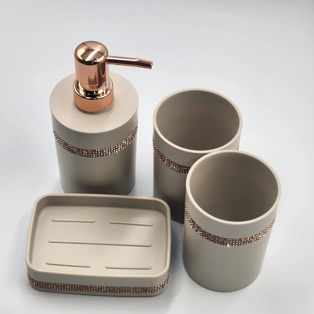 4-Piece Decorative Bathroom Accessory Set – Elegant Black, Beige & Cream Design