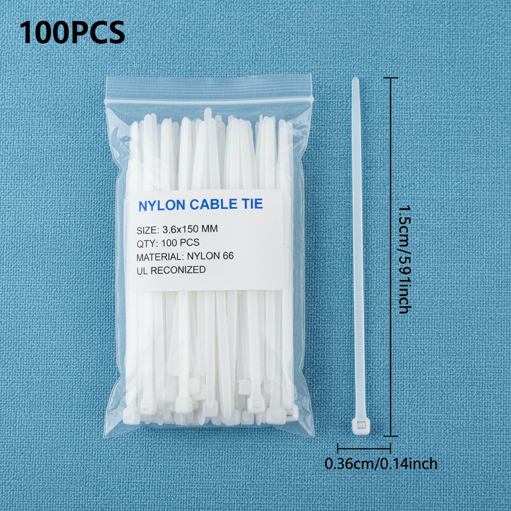 100 PCS Nylon Cable Ties (3.6 x 150mm) – White